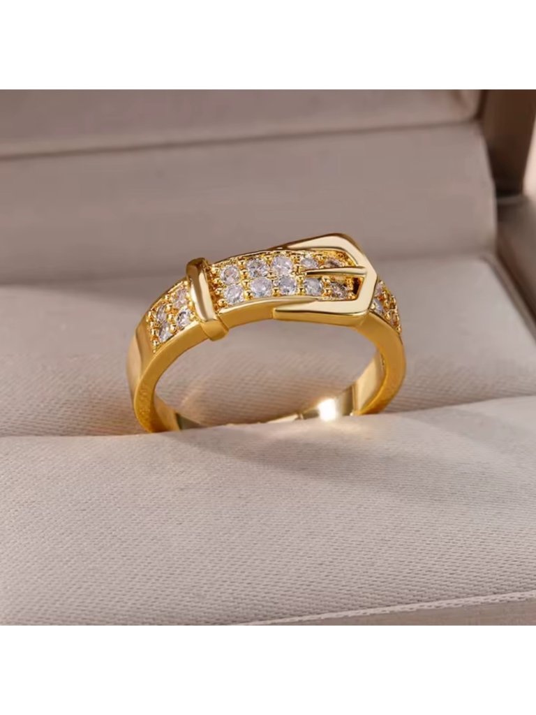 Adjustable Gold Buckle Ring With Sparkling Accents